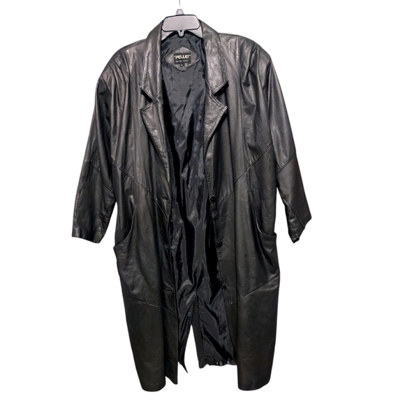 Pelle Vintage Black Leather 1980s Long Button Padded Jacket Women's Size Large - Picture 2 of 11